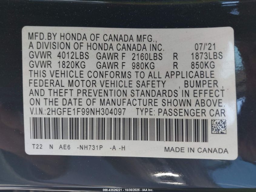 2022 Honda Civic Touring VIN: 2HGFE1F99NH304097 Lot: 43526221
