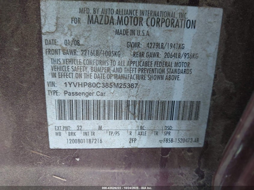 2008 Mazda Mazda6 I Sport Ve VIN: 1YVHP80C385M25387 Lot: 43526222