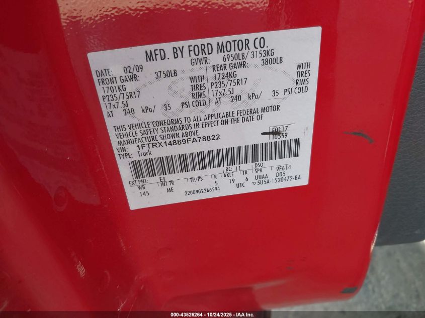 2009 Ford F-150 Stx/Xl/Xlt VIN: 1FTRX14889FA78822 Lot: 43526264