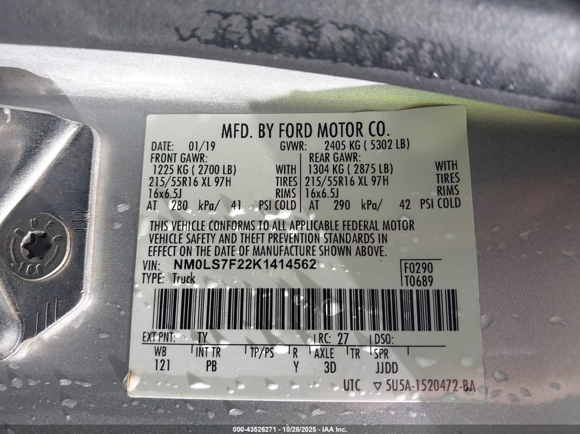 2019 Ford Transit Connect Xlt VIN: NM0LS7F22K1414562 Lot: 43526271