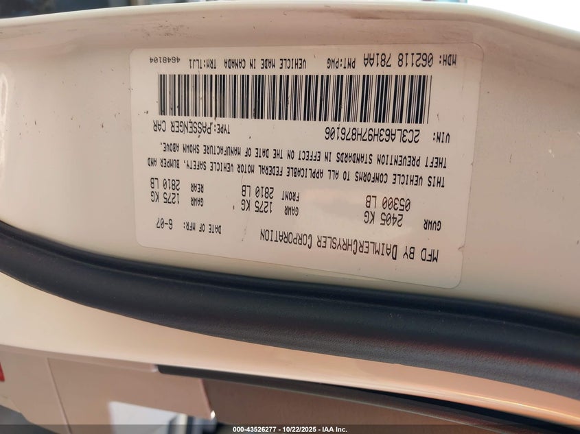 2007 Chrysler 300C VIN: 2C3LA63H97H876106 Lot: 43526277