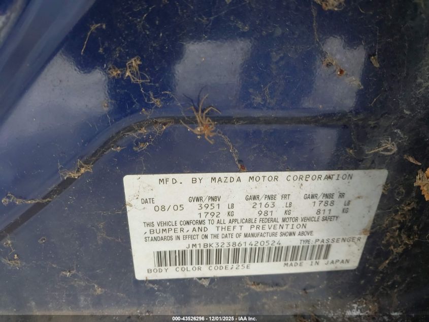 2006 Mazda Mazda3 S VIN: JM1BK323861420524 Lot: 43526296