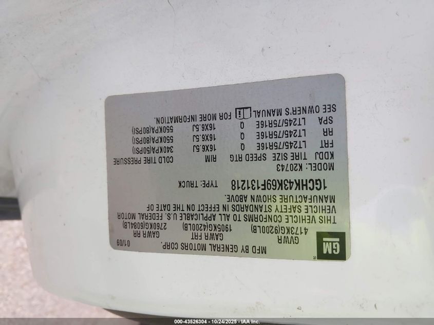 2009 Chevrolet Silverado 2500Hd Work Truck VIN: 1GCHK43K69F131218 Lot: 43526304