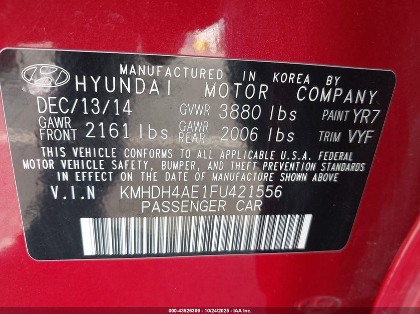 2015 HYUNDAI ELANTRA SE KMHDH4AE1FU421556