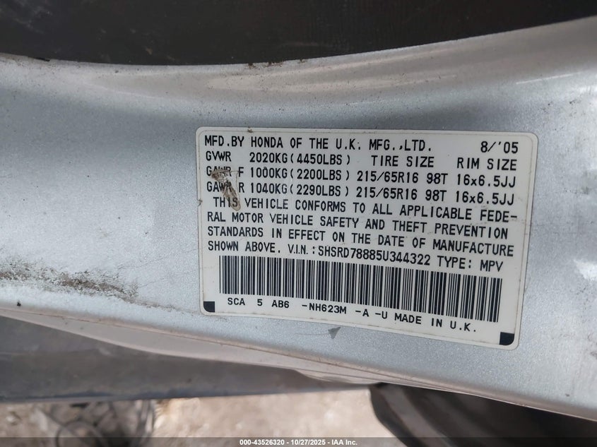 2005 Honda Cr-V Ex VIN: SHSRD78885U344322 Lot: 43526320