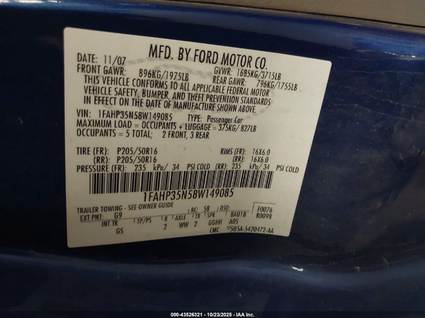 2008 Ford Focus Se/Ses VIN: 1FAHP35N58W149085 Lot: 43526321