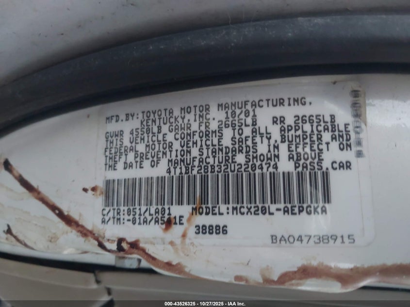 2002 Toyota Avalon Xls VIN: 4T1BF28B32U220474 Lot: 43526325