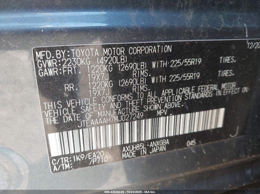 2021 TOYOTA VENZA XLE JTEAAAAH7MJ027249