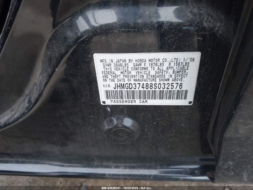 2008 Honda Fit VIN: JHMGD37488S032576 Lot: 43526341