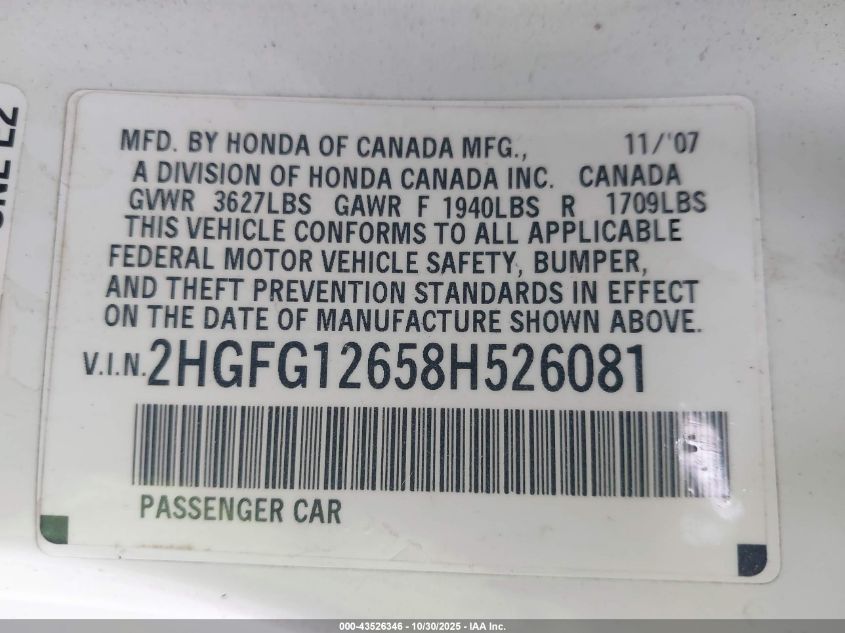 2008 Honda Civic Lx VIN: 2HGFG12658H526081 Lot: 43526346