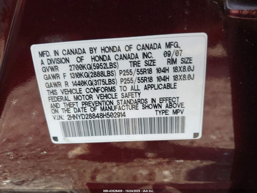 2008 Acura Mdx Sport Package VIN: 2HNYD28848H502914 Lot: 43526408
