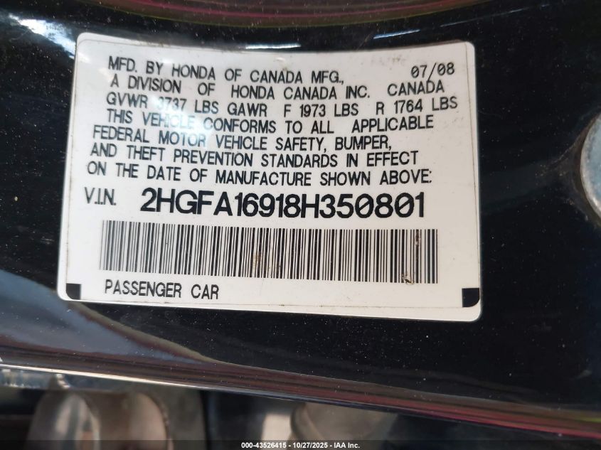 2008 Honda Civic Ex-L VIN: 2HGFA16918H350801 Lot: 43526415