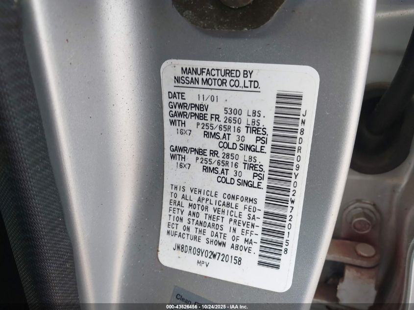 2002 Nissan Pathfinder Se VIN: JN8DR09Y02W720158 Lot: 43526456