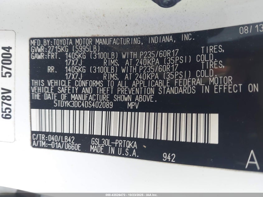 2013 TOYOTA SIENNA XLE V6 8 PASSENGER 5TDYK3DC4DS402089