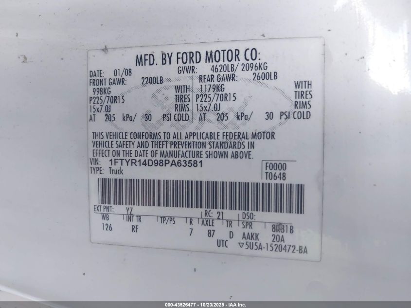 2008 Ford Ranger Xl/Xlt VIN: 1FTYR14D98PA63581 Lot: 43526477