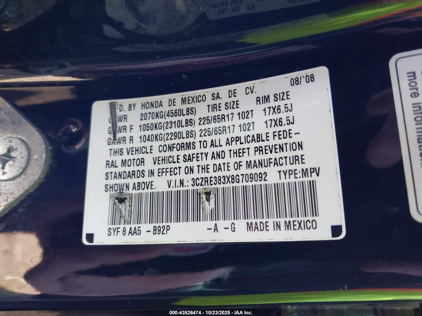 2008 Honda Cr-V Lx VIN: 3CZRE383X8G709092 Lot: 43526474