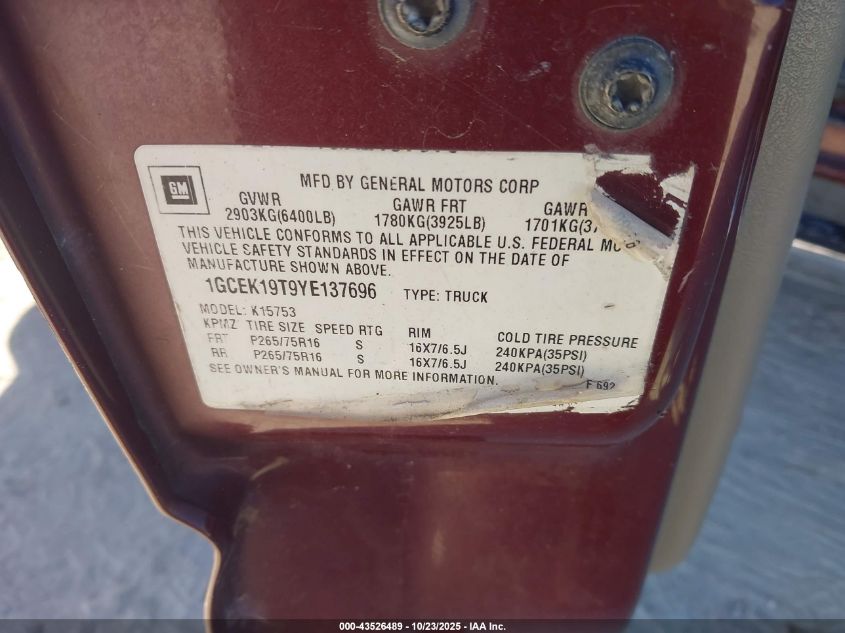 2000 Chevrolet Silverado 1500 Ls VIN: 1GCEK19T9YE137696 Lot: 43526489