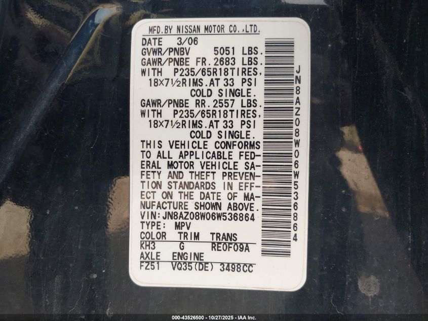 2006 Nissan Murano S VIN: JN8AZ08W06W536864 Lot: 43526500