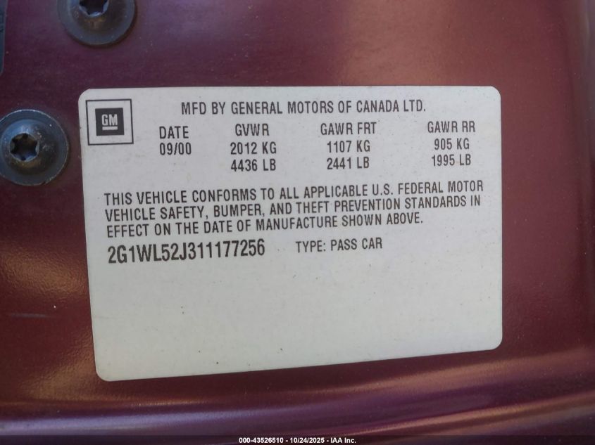 2001 Chevrolet Lumina VIN: 2G1WL52J311177256 Lot: 43526510