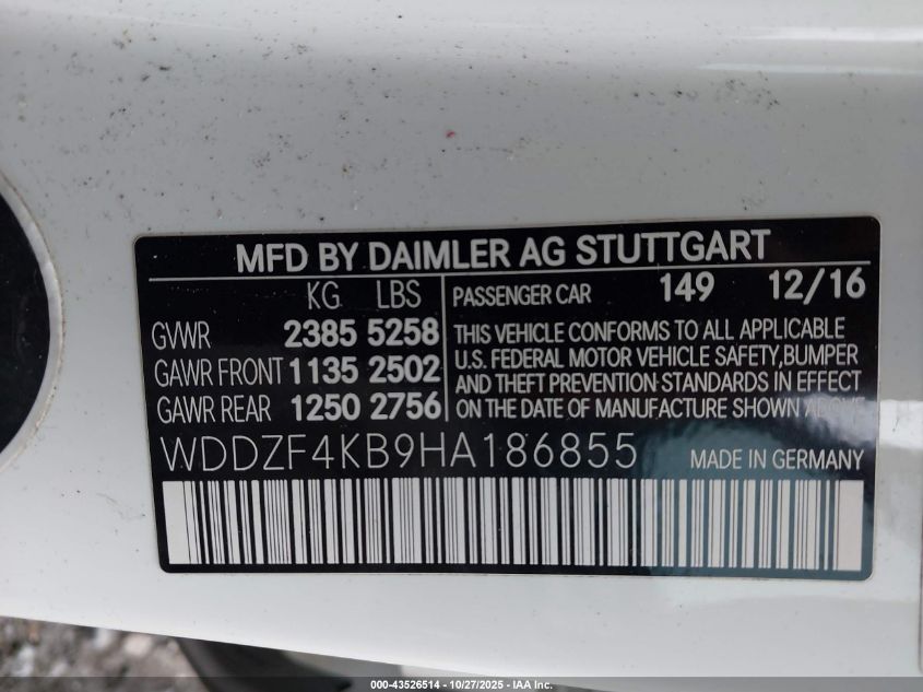 2017 Mercedes-Benz E 300 4Matic VIN: WDDZF4KB9HA186855 Lot: 43526514