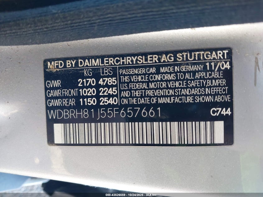 2005 Mercedes-Benz C 240 Luxury 4Matic VIN: WDBRH81J55F657661 Lot: 43526559