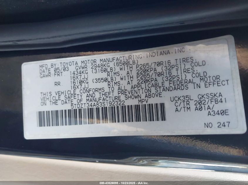 2003 Toyota Sequoia Sr5 V8 VIN: 5TDZT34A83S192322 Lot: 43526595