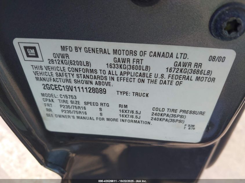 2001 Chevrolet Silverado 1500 Ls VIN: 2GCEC19V111128089 Lot: 43526611