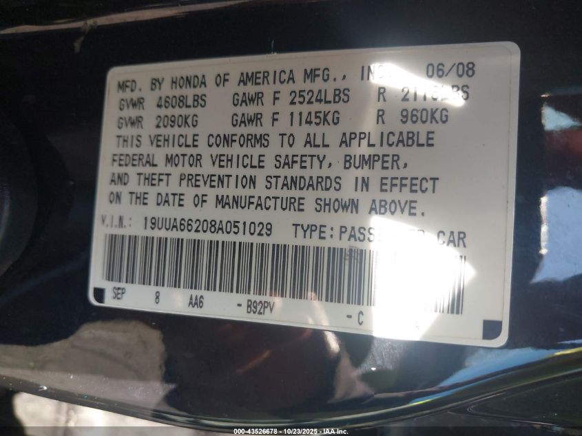 2008 Acura Tl 3.2 VIN: 19UUA66208A051029 Lot: 43526678