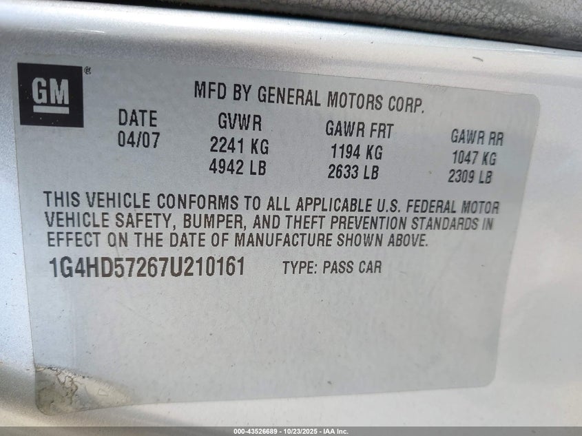 2007 Buick Lucerne Cxl VIN: 1G4HD57267U210161 Lot: 43526689