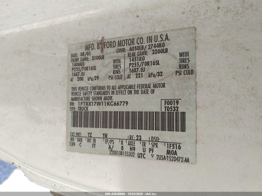 1FTRX17W11KC66779 2001 FORD F-150 photo no. 9