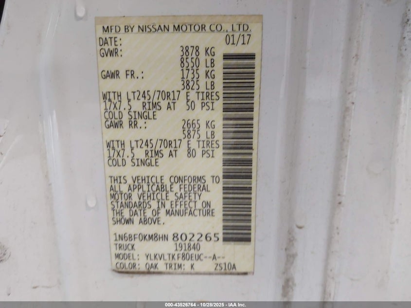 2017 Nissan Nv Cargo Nv1500 Sv V6 VIN: 1N6BF0KM8HN802265 Lot: 43526764