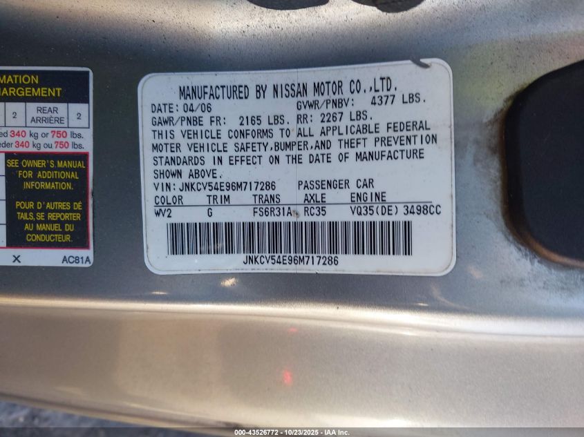 2006 Infiniti G35 VIN: JNKCV54E96M717286 Lot: 43526772