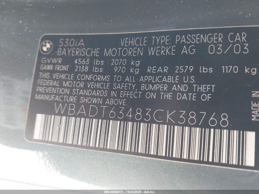 2003 BMW 530Ia VIN: WBADT63483CK38768 Lot: 43526771