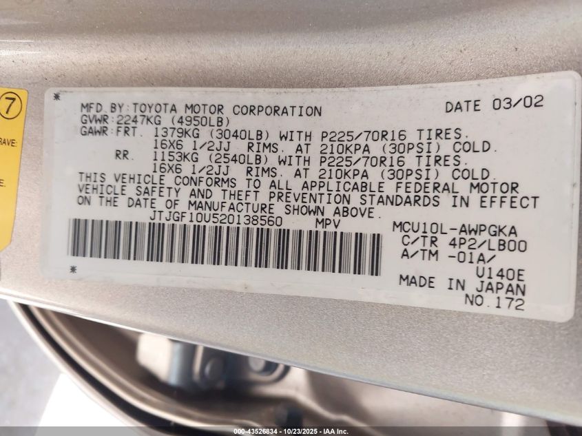 2002 Lexus Rx 300 VIN: JTJGF10U520138560 Lot: 43526834