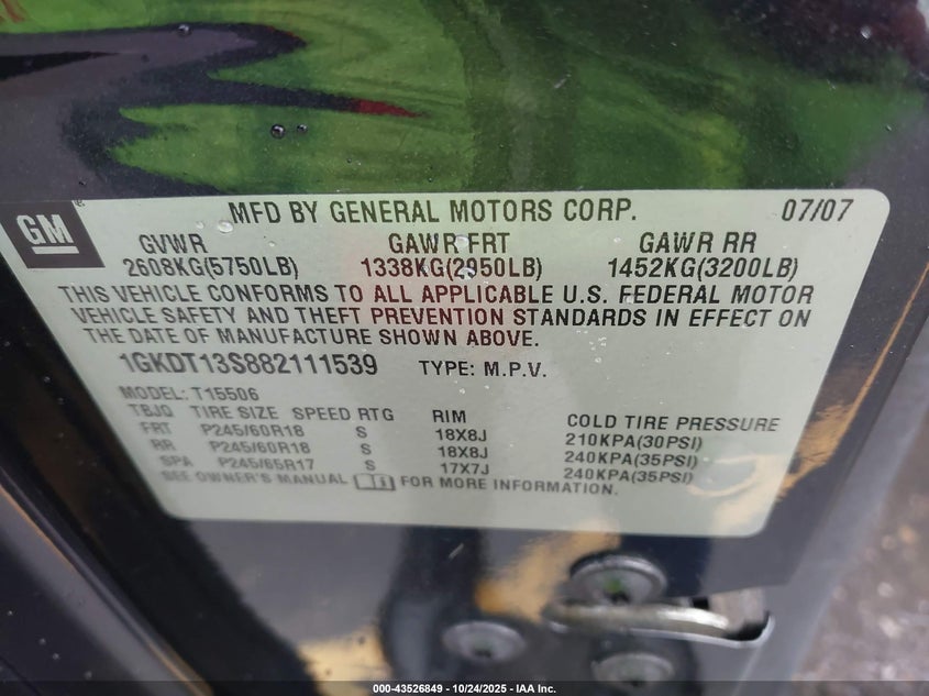 2008 GMC Envoy Slt VIN: 1GKDT13S882111539 Lot: 43526849