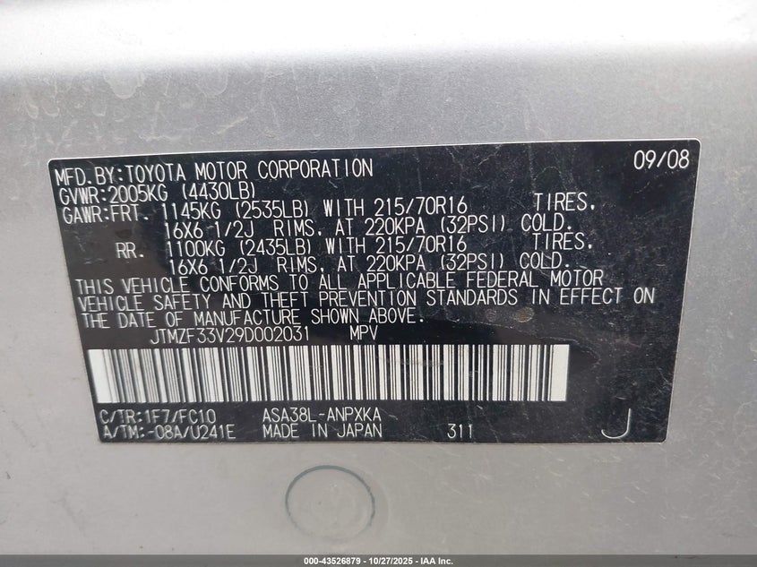 2009 Toyota Rav4 VIN: JTMZF33V29D002031 Lot: 43526879