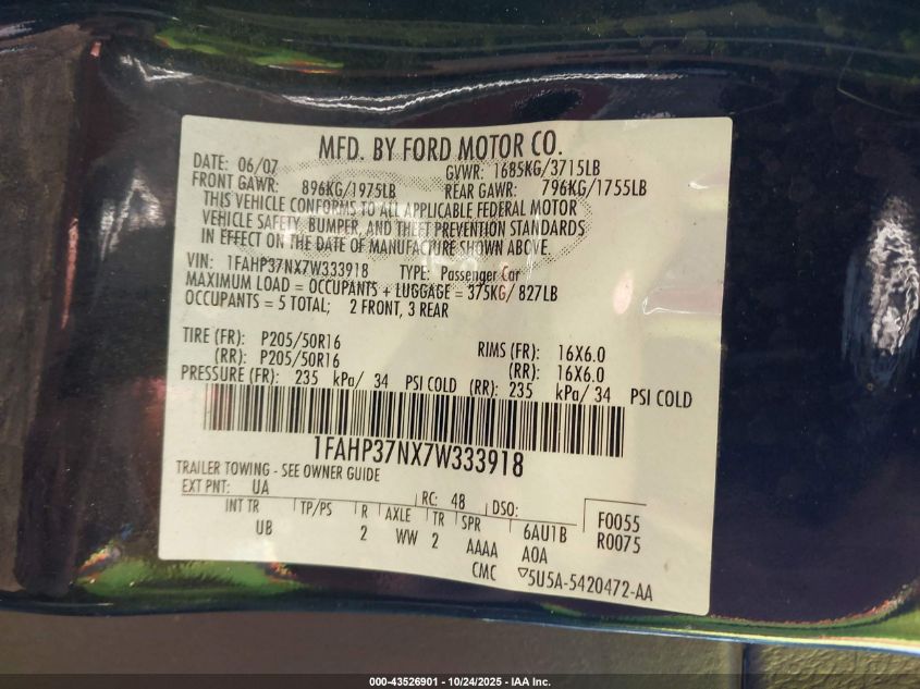 2007 Ford Focus S/Se/Ses VIN: 1FAHP37NX7W333918 Lot: 43526901