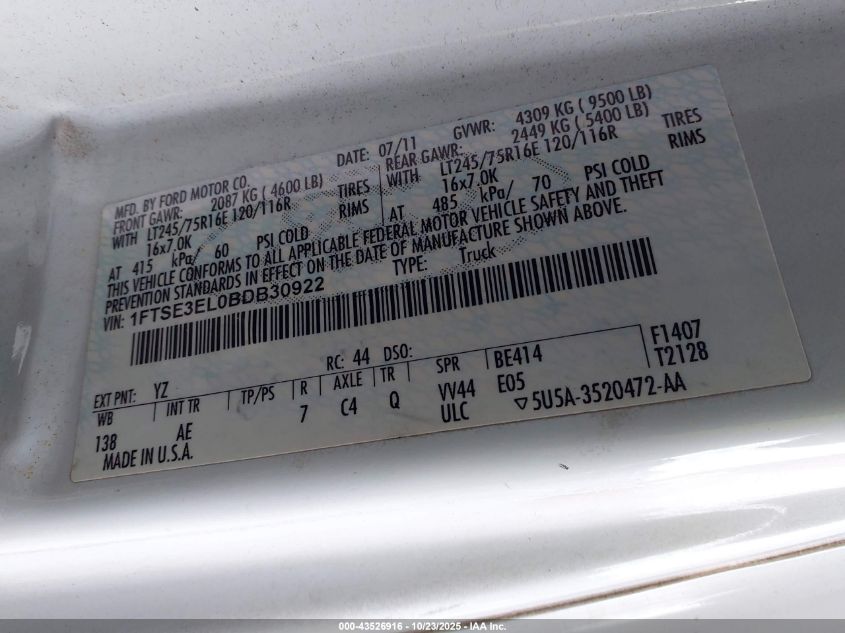 2011 Ford E-350 Super Duty Commercial VIN: 1FTSE3EL0BDB30922 Lot: 43526916