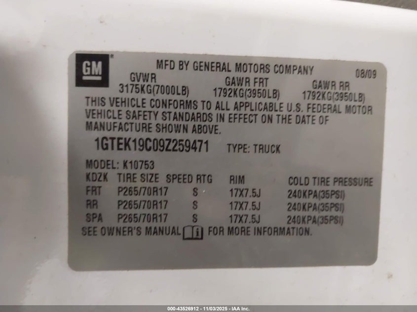 2009 GMC Sierra 1500 Work Truck VIN: 1GTEK19C09Z259471 Lot: 43526912
