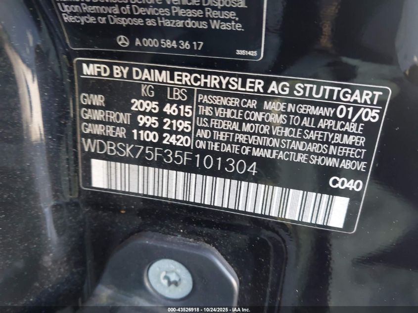 2005 Mercedes-Benz Sl 500 VIN: WDBSK75F35F101304 Lot: 43526918