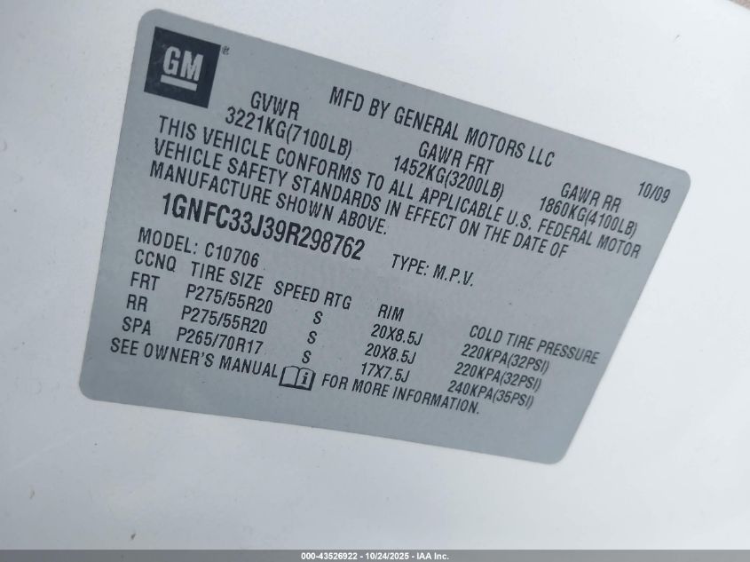 2009 Chevrolet Tahoe Ltz VIN: 1GNFC33J39R298762 Lot: 43526922