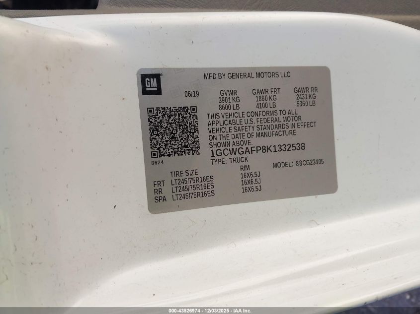 2019 Chevrolet Express 2500 Work Van VIN: 1GCWGAFP8K1332538 Lot: 43526974