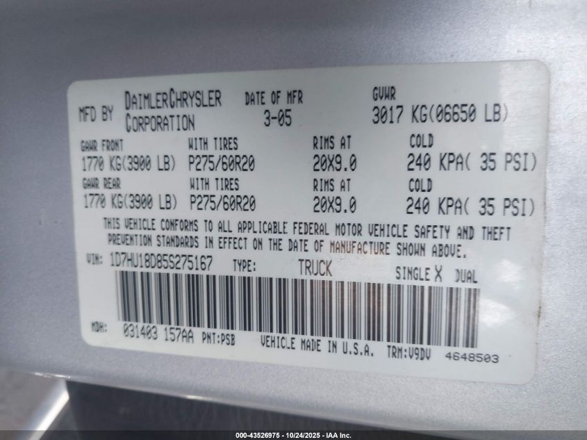 2005 Dodge Ram 1500 Slt/Laramie VIN: 1D7HU18D85S275167 Lot: 43526975