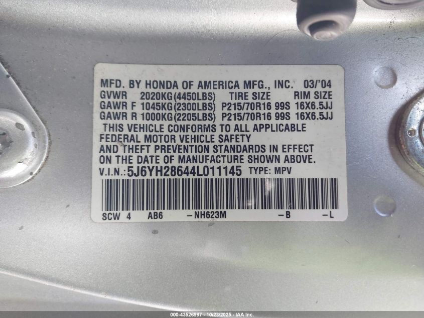 2004 Honda Element Ex VIN: 5J6YH28644L011145 Lot: 43526997