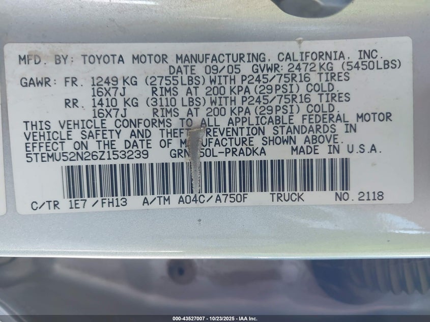 5TEMU52N26Z153239 2006 TOYOTA TACOMA photo no. 9