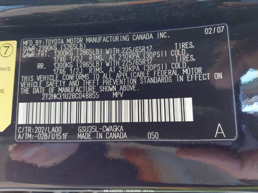 2008 Lexus Rx 350 VIN: 2T2HK31U28C048855 Lot: 43527021