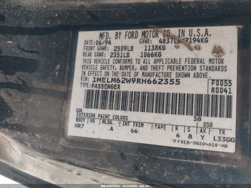 1994 Mercury Cougar Xr7 VIN: 1MELM62W9RH662355 Lot: 43527024