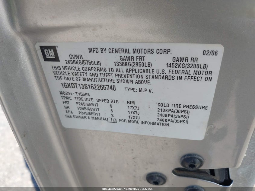 2006 GMC Envoy Sle VIN: 1GKDT13S162266740 Lot: 43527040