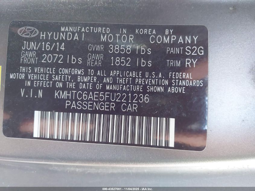 2015 Hyundai Veloster Turbo VIN: KMHTC6AE5FU221236 Lot: 43527081