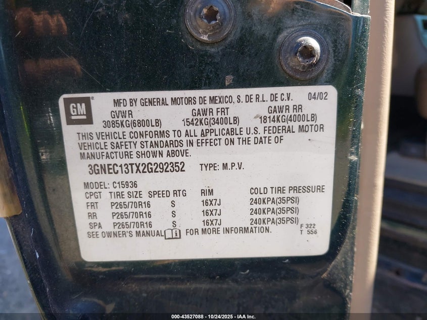 2002 Chevrolet Avalanche 1500 VIN: 3GNEC13TX2G292352 Lot: 43527088